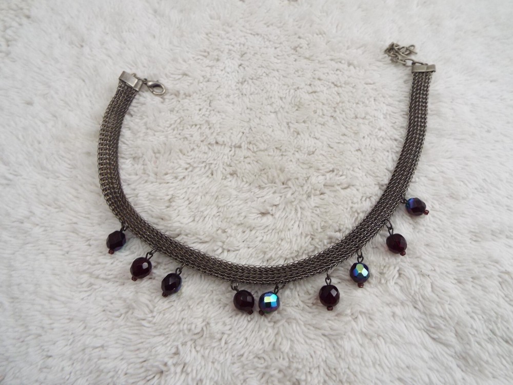 Silvertone Mesh Choker Red Glass Bead Necklace (J32)