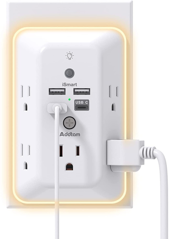 Surge Protector, Outlet Extender with Night Light, 5-Outlet Splitter and 4 USB