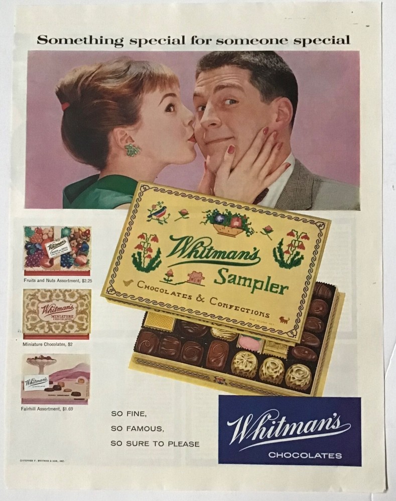 1957 magazine ad for Whitman's Sampler candy - Something Special for Someone