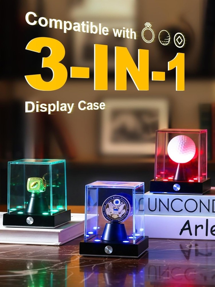 Cordless LED Championship Ring Display Case, Clear Acrylic Single Ring Holder...