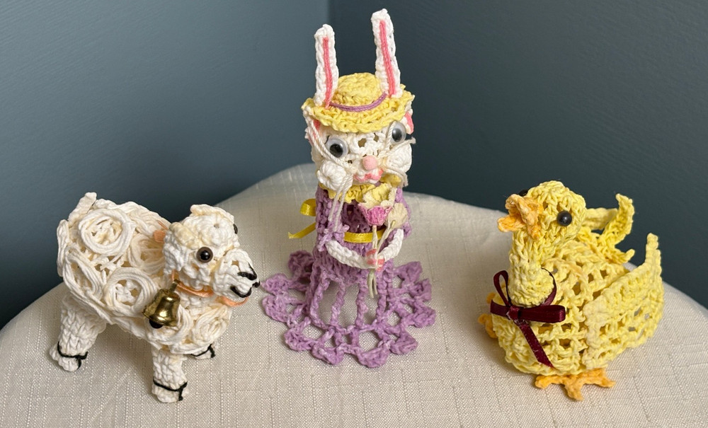 3 Vintage Handmade Starched Crochet String Easter Figures - Lamb Duck Rabbit