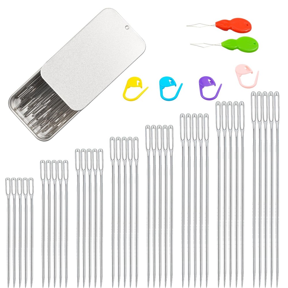 40PCS Large Eye Sewing Needles, 8 Sizes Hand Sharp Multi-Size, Silver