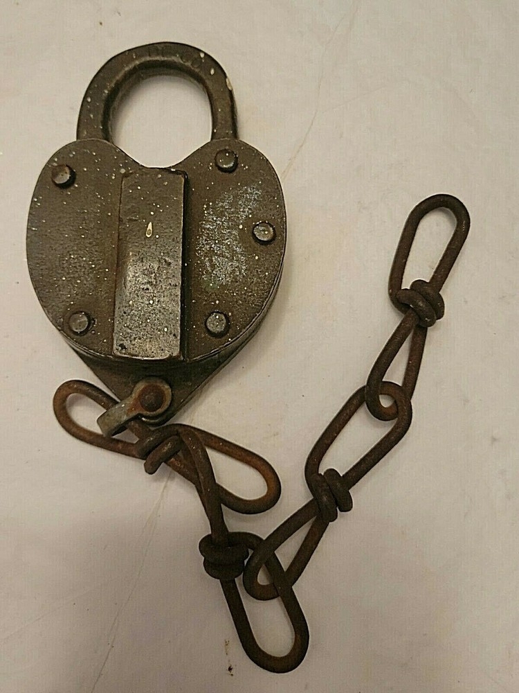 ANTIQUE BRASS HEART SHAPED LOCK DE CO. ENGRAVED