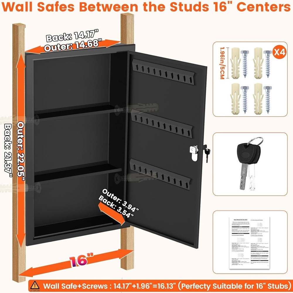 22" In Wall Safe Between Studs Lockable w/ Shelf & Key Hooks Home Security Box