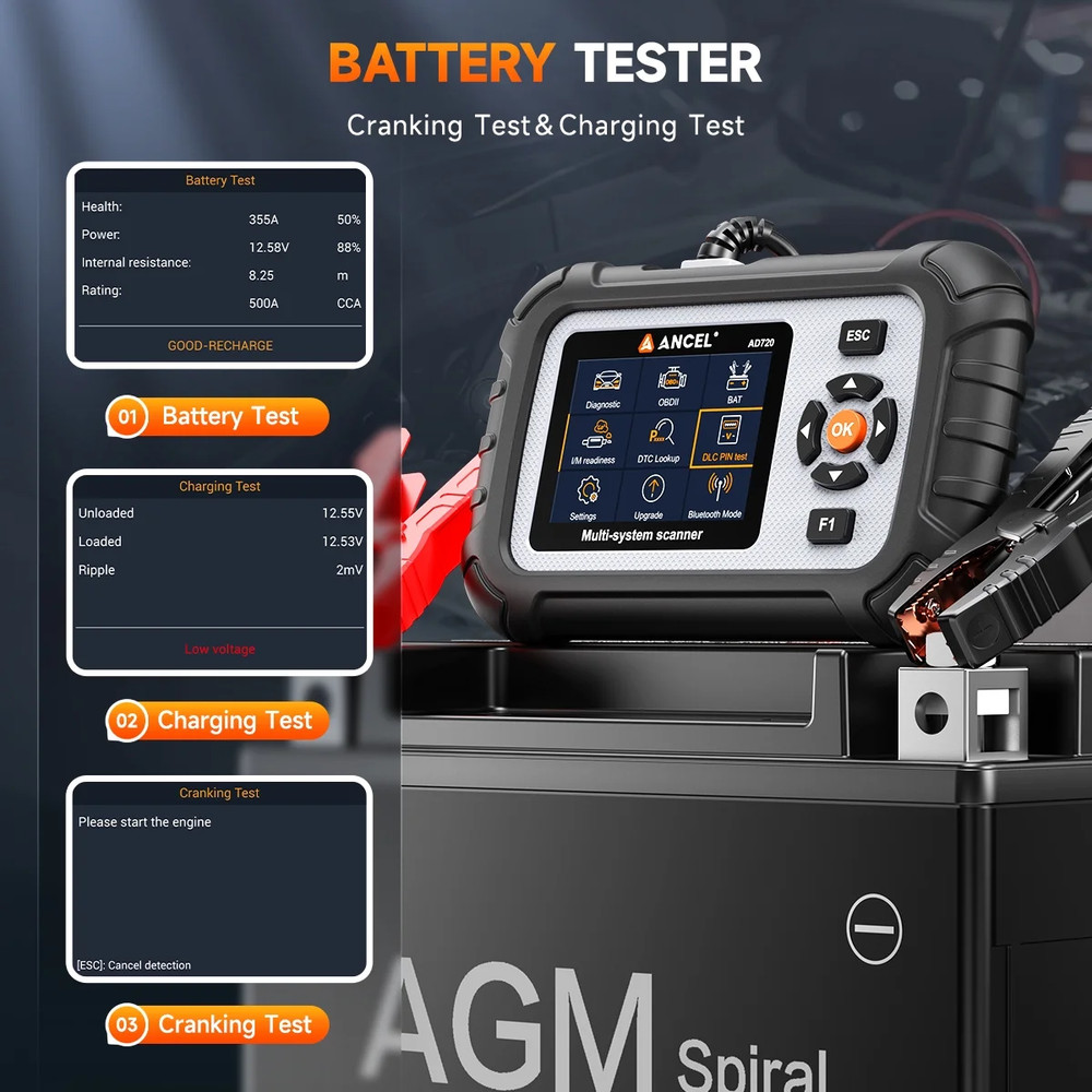 Automotive Battery Tester OBD2 Scanner Scan Tool ABS SRS TCM Engine Code Reader