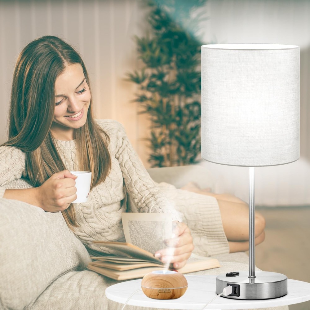 Elegant Grey Table Lamps (2pk) with USB & AC Outlet, Touch Control
