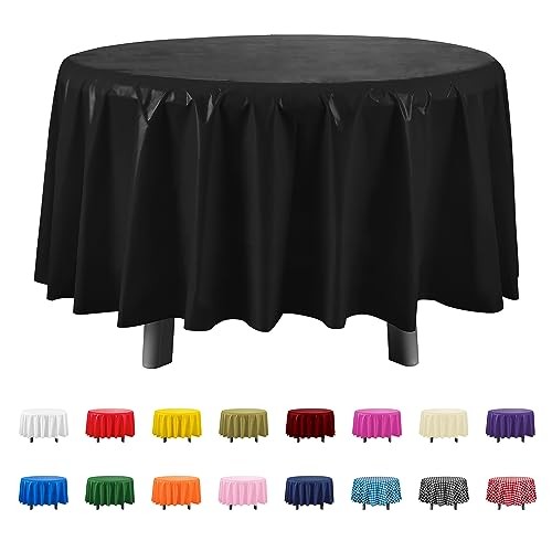 6 Pack Premium Round Disposable Plastic Tablecloth - 84 Round - 6 Pack Black