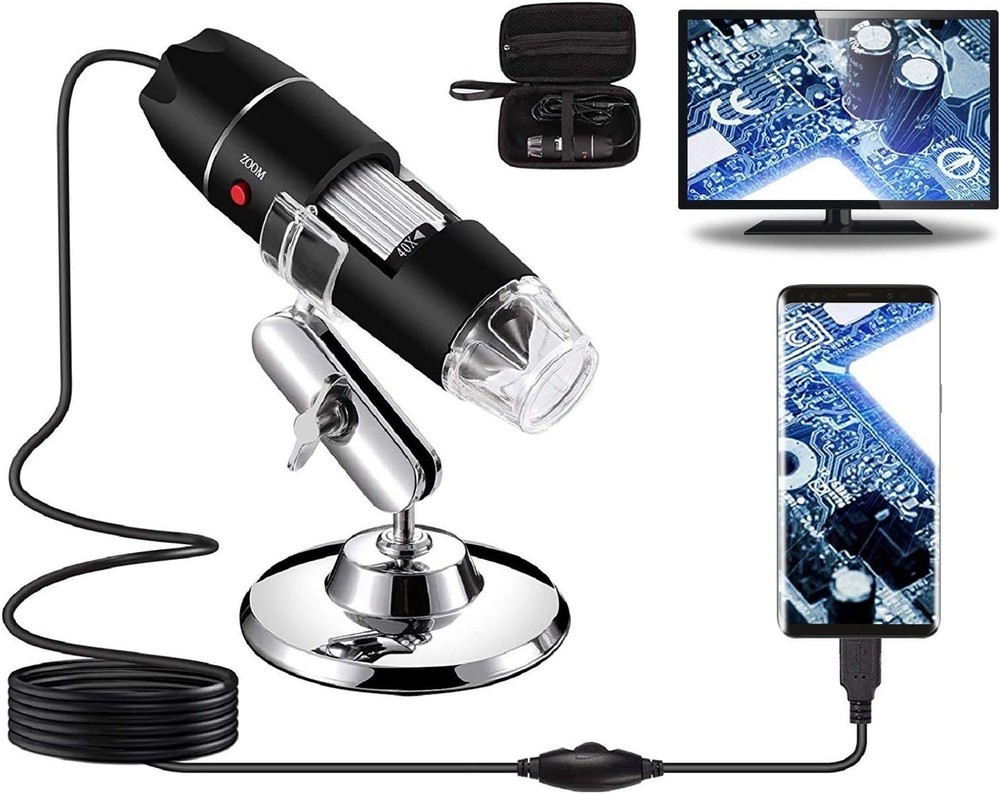 Portable USB Microscope 40X-1000X with Metal Stand & Multi-Device Compatibility