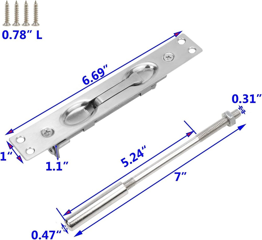 2 Sets 6.7 Inch Extension Flush Bolt for Double Doors Satin Silver Flip-Lever