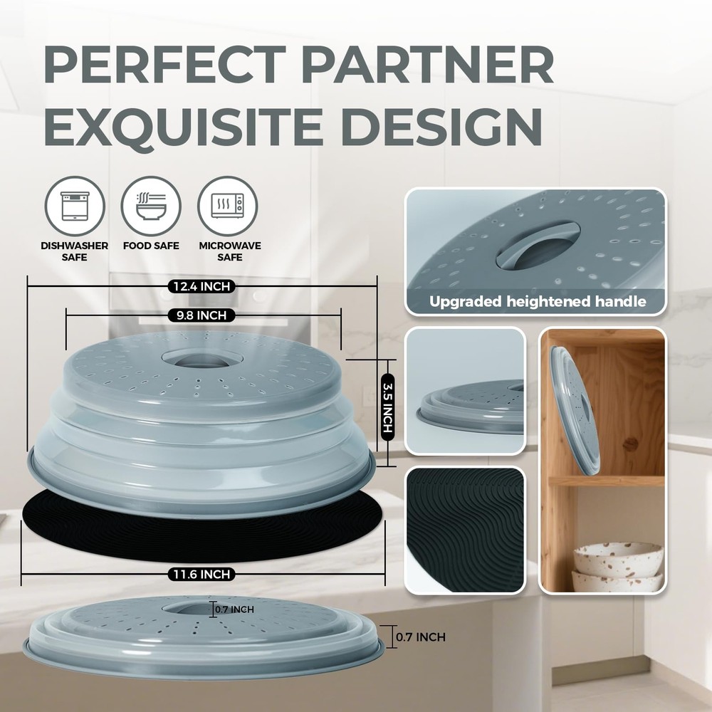 MAGJIUKE 12" Large Microwave Splatter Cover & Silicone Mat, Foldable grey