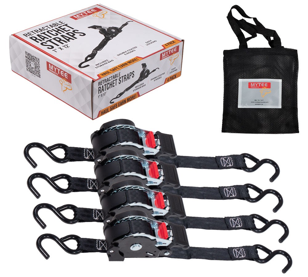 (4 Pack) 1" x 12' Auto Retractable Ratchet Straps with Coated S Hook