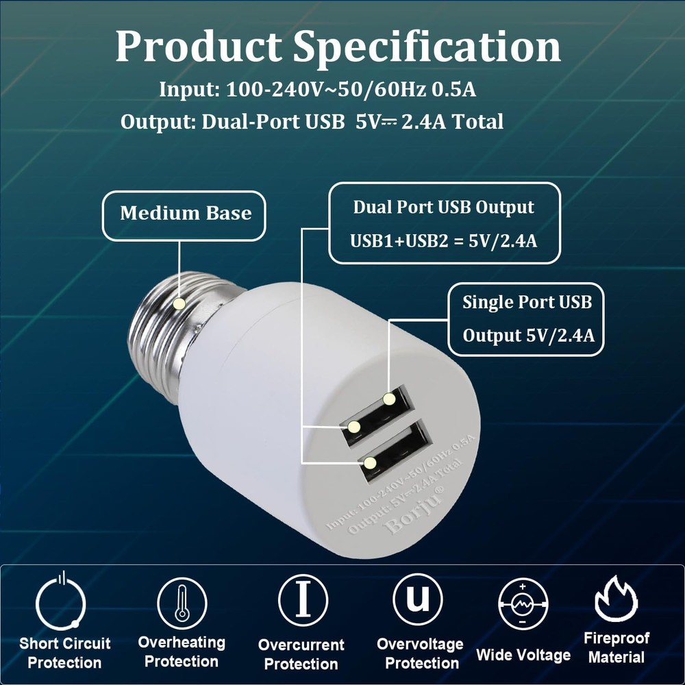 Borju Light Socket USB Adapter for Decorative Lights,Lighting,Security White