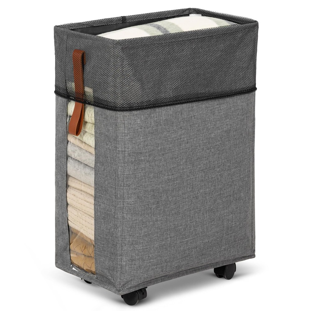 Laundry Hamper Wheels Rolling Basket Clear Window Collapsible Gray 1 PCS