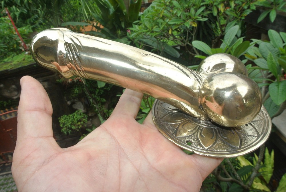 large version PENIS erect DOOR PULL HOOK heavy aged brass 9 " handle hand made