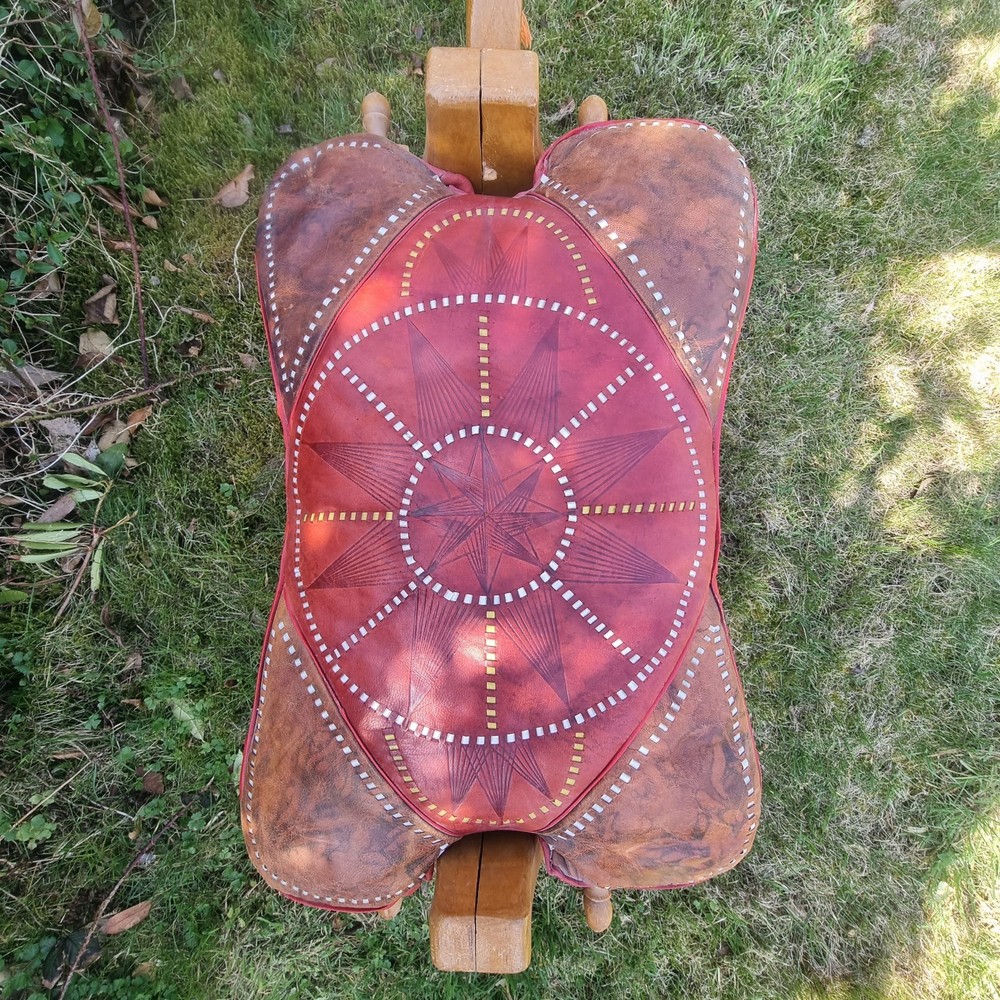 Vintage Egyptian Camel Saddle Stool Tooled Leather & Wood Footstool Ottoman