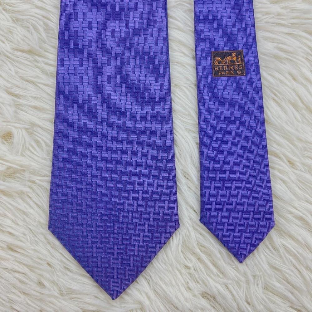 Hermes Purple Silk Tie H Pattern Rabbit Rare Near