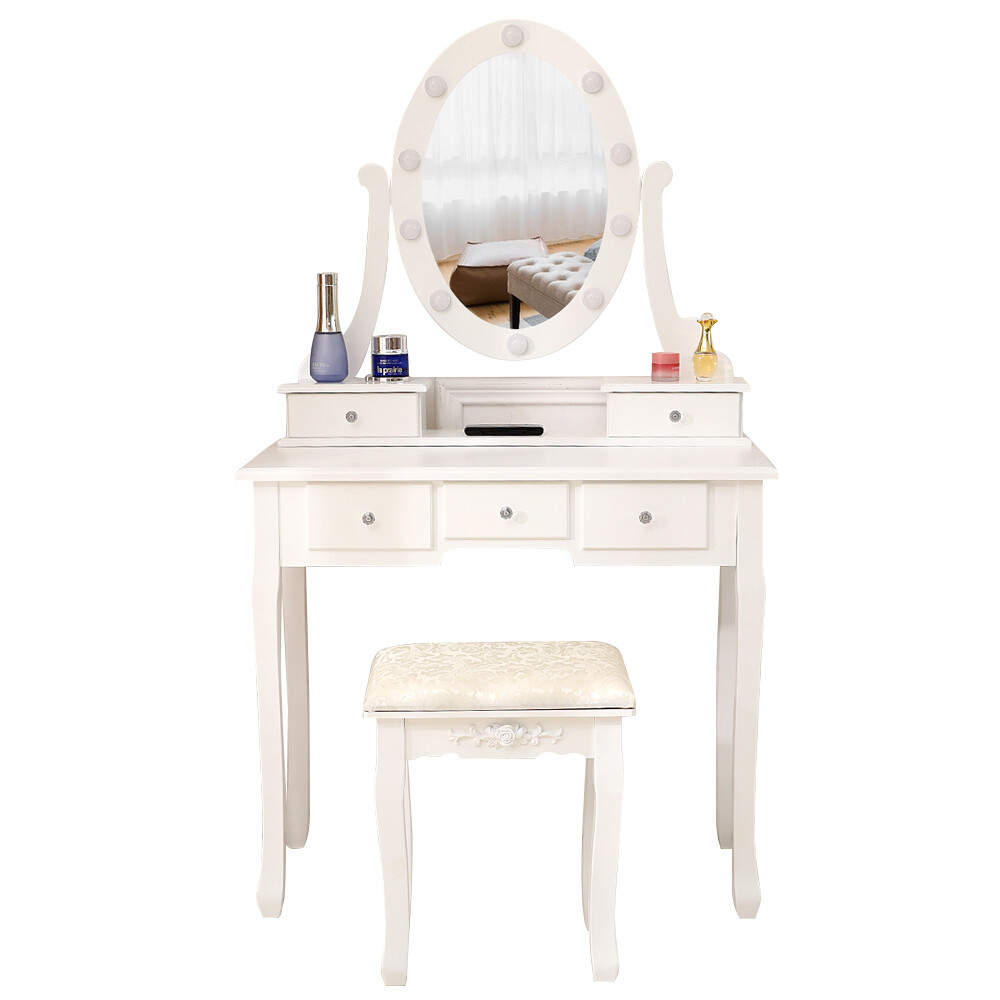 AUTOFOREVER White with light bulb 5 drawers 1 mirror dressing table set