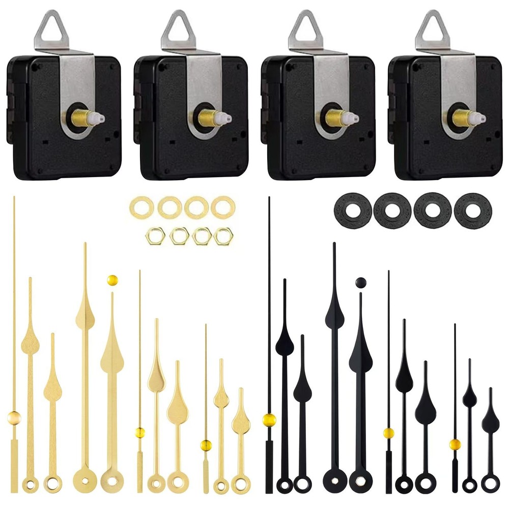 EMOON 4 Pcs Different Shaft Clock Mechanism kit with 8 Pack Black