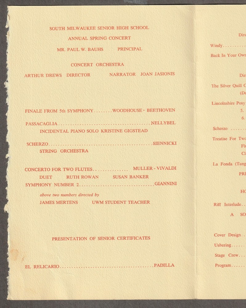 1968 SOUTH MILWAUKEE High School CABARET PROGRAM ~ Spring Concert