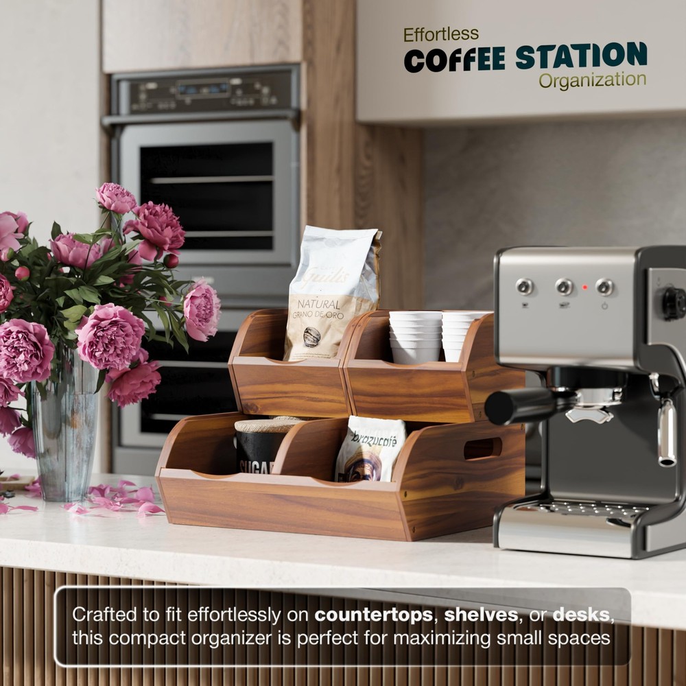 Acacia Wood Pantry Storage Bins – Stackable Open Front Kitchen Baskets for Po...