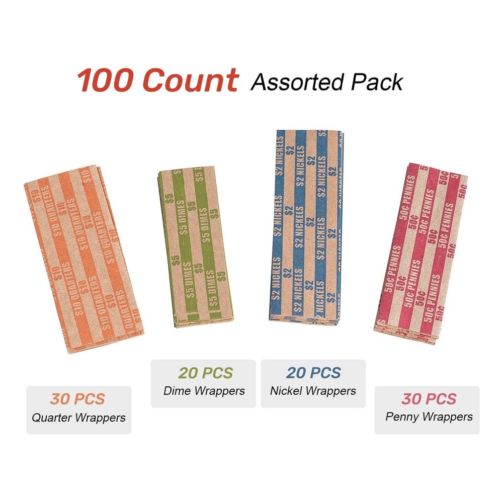 Coin Wrappers 100 Assorted, Flat Rolls Wrappers, Including 100 Assorted