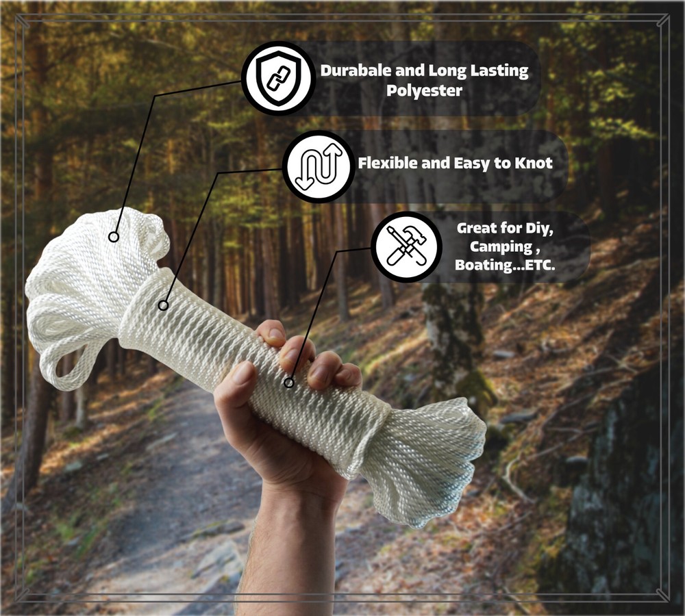 White - Black Solid Braid Polyester Rope 5/32", 1/4", 1/2" - Durable and Soft