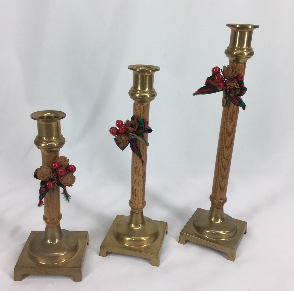 Enesco Brass & Wood Christmas Candle Holders 1985