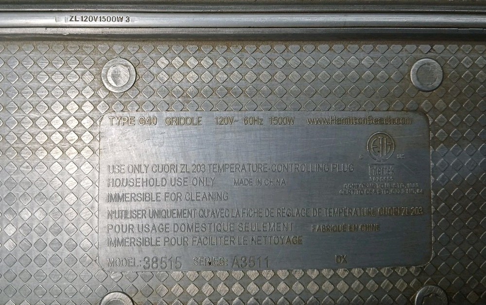 Hamilton Beach Model 38515 Series A3511 Electric Griddle "Missing Grease Tray"