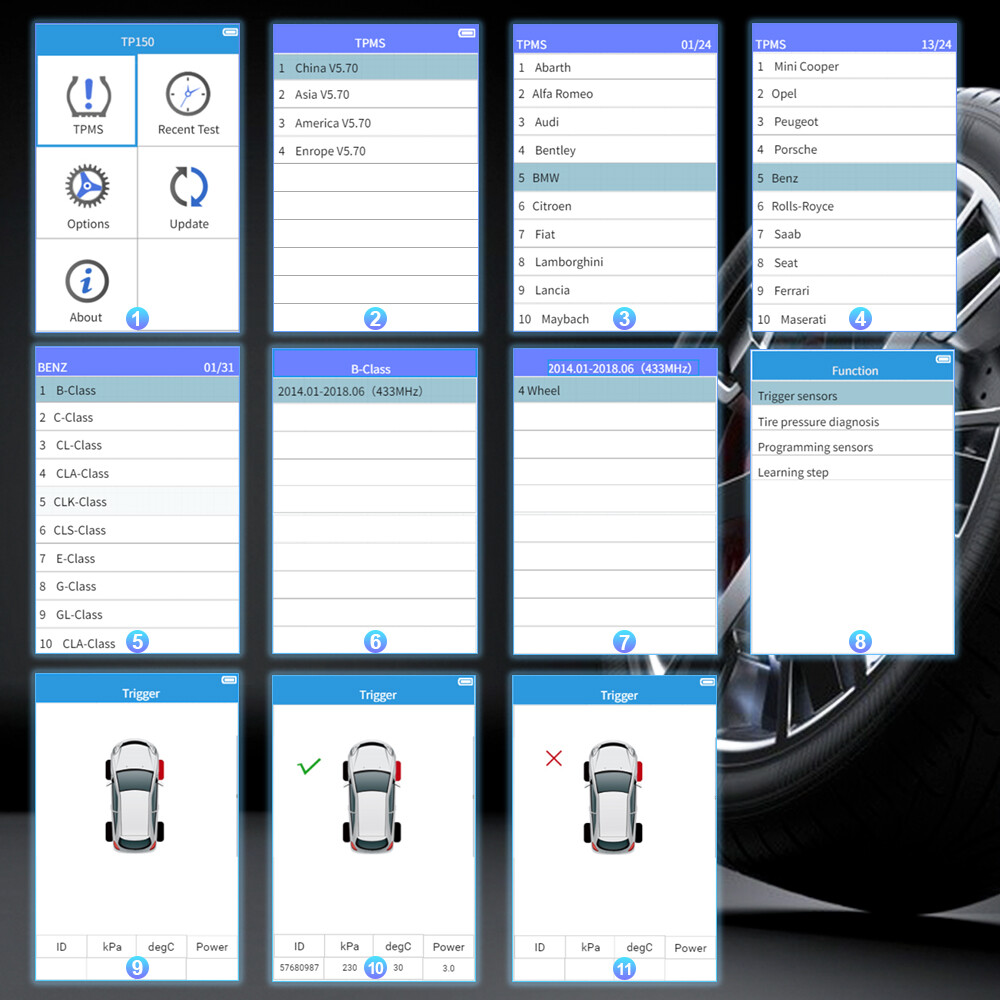 XTOOL TP150 TPMS Programmer Tire Sensor Relearn Tool Tire Pressure Light Reset