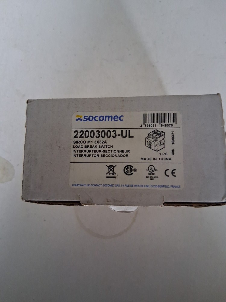 Socomec 22003003-UL Disconnect Load Break Switch 32A 600VAC