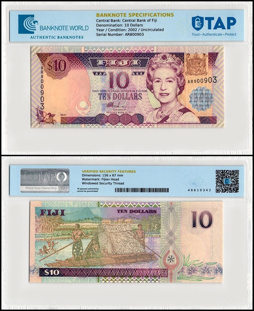 Fiji 10 Dollars, 2002 ND, P-106, UNC, TAP Authenticated