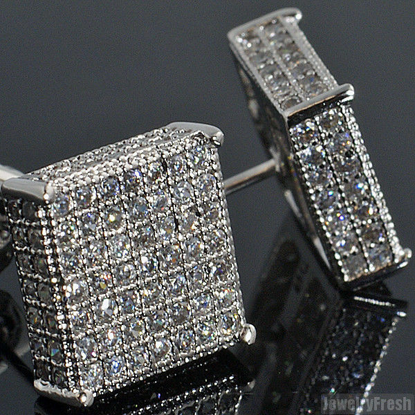 Silver Large 360 Iced Micropave Box Stud Earrings for Men