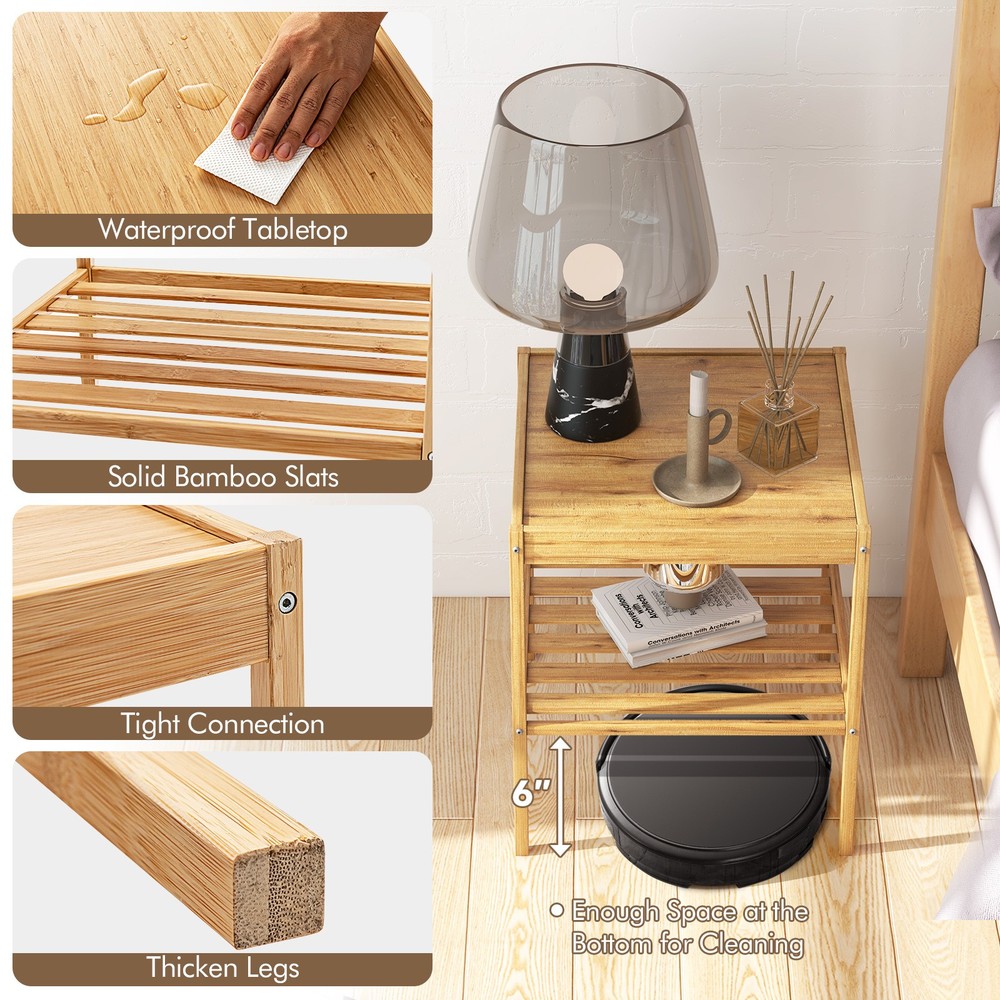 2 PCS 2-Tier Bamboo Nightstand Side Table Small Accent Table End Table Natural