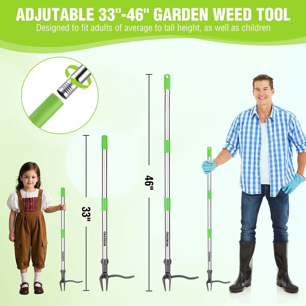 WORKPRO Heavy Duty Stand Up Weed Puller Tool 33"-46" Handle Weed Remover 4 Claws