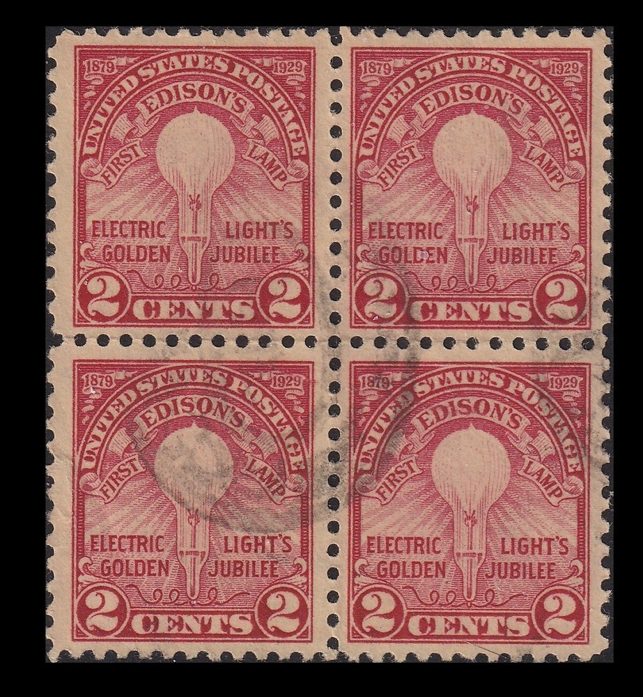 #655 2¢ Edison Used Block of 4 ▲ Very Nice Centering ▲ Hinged