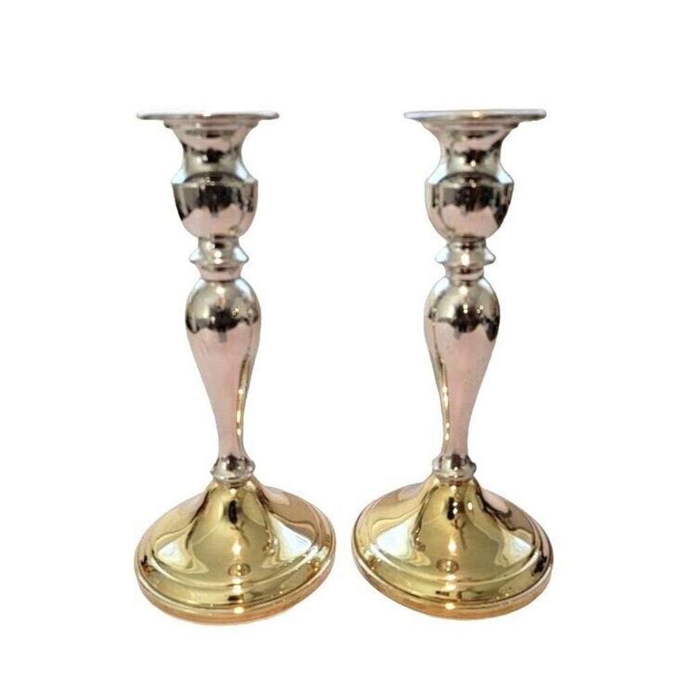 Candlestick Pair Two-tone Silver Brass Web Pewter Weighted Formal Evening