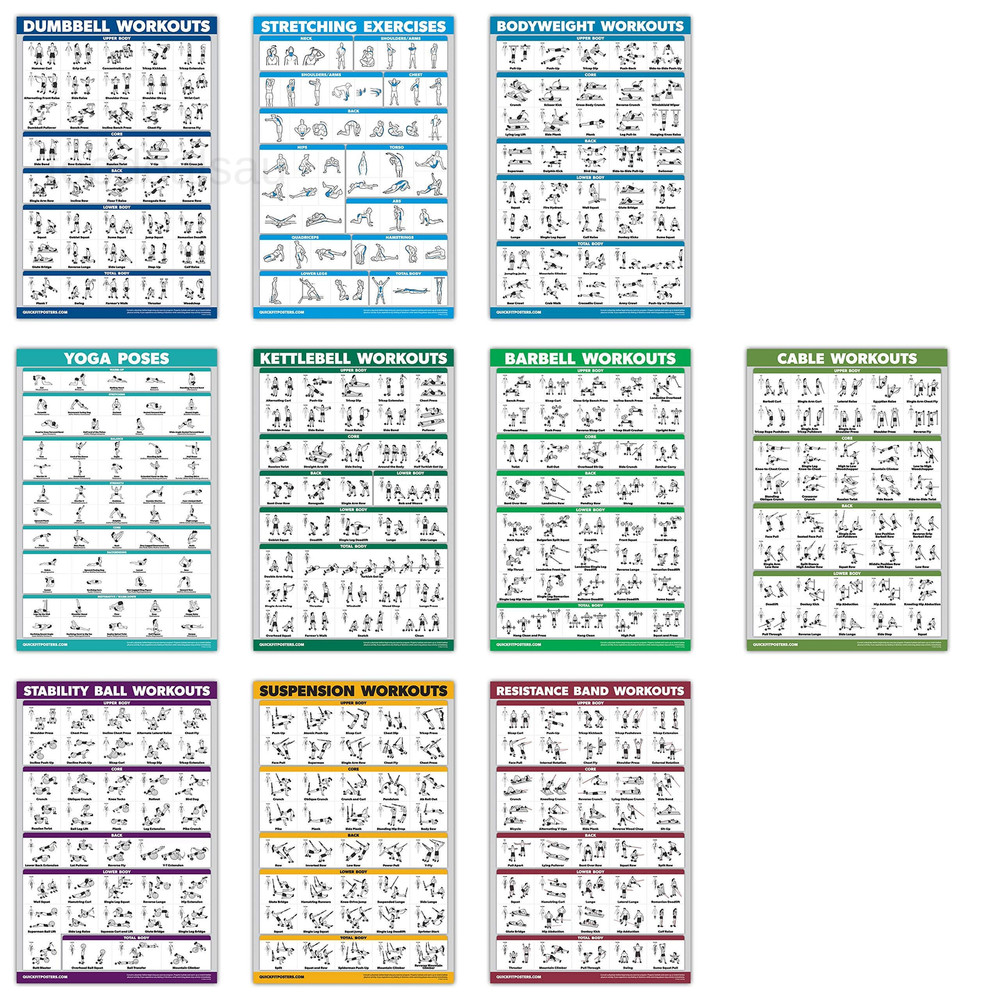10 Pack - Exercise Workout Poster Set - Cable Machine, 18" x 24", LAMINATED