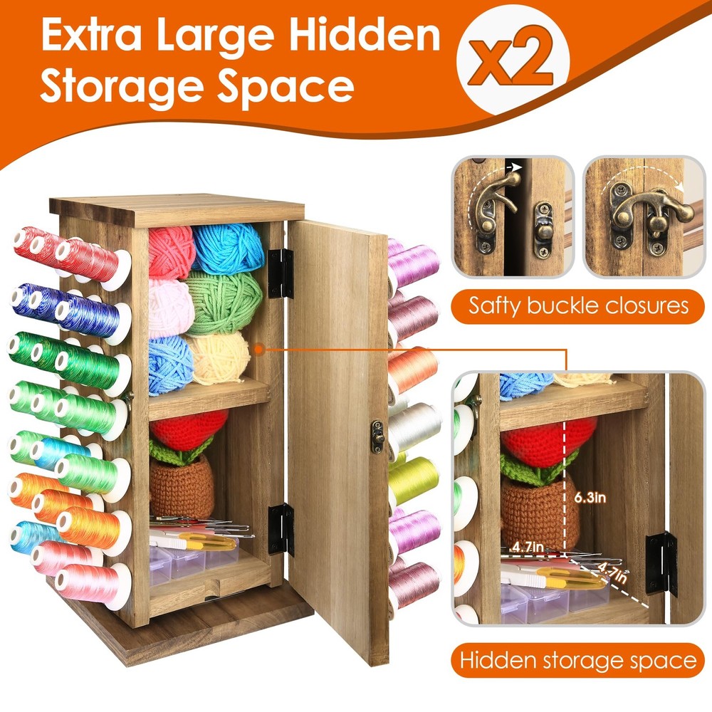 Acacia Wood 84 Spools Thread Rack/Thread Holder Organizer with Inner Storage