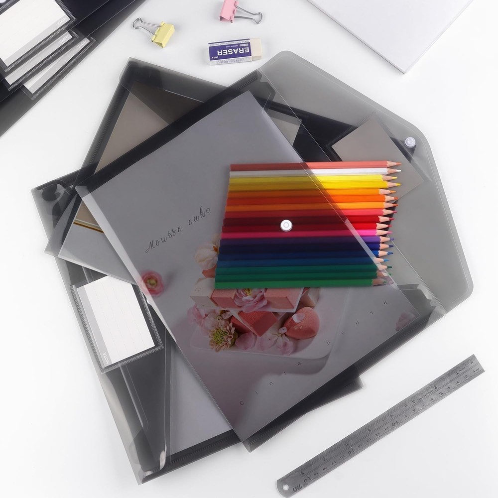 Translucent 6 Pack Plastic Envelopes with Snap Button & Label Pocket - Dark Grey