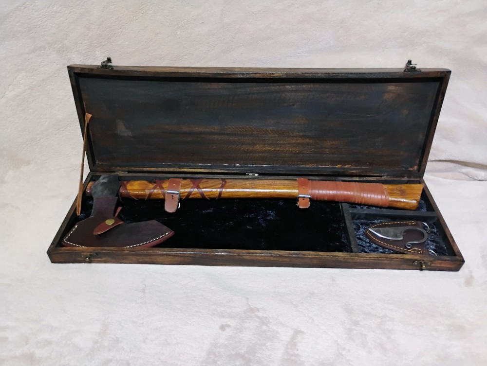 viking bearded axe/knife with wooden display case