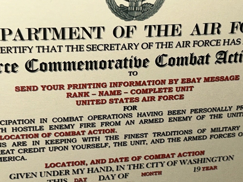 AIR FORCE COMBAT ACTION MEDAL COMMEMORATIVE CERTIFICATE ~ TYPE-2 / W/PRINTING