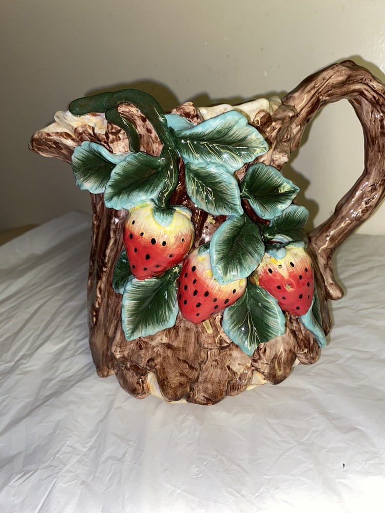 Apple Tree Strawberries Design Bark Ceramic pitcher and cup set damaged