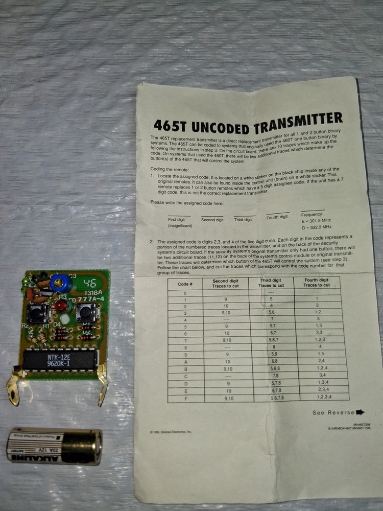 DIRECTED ELECTRONICS UNCODED TWO BUTTON TRANSMITTER PART # 465T