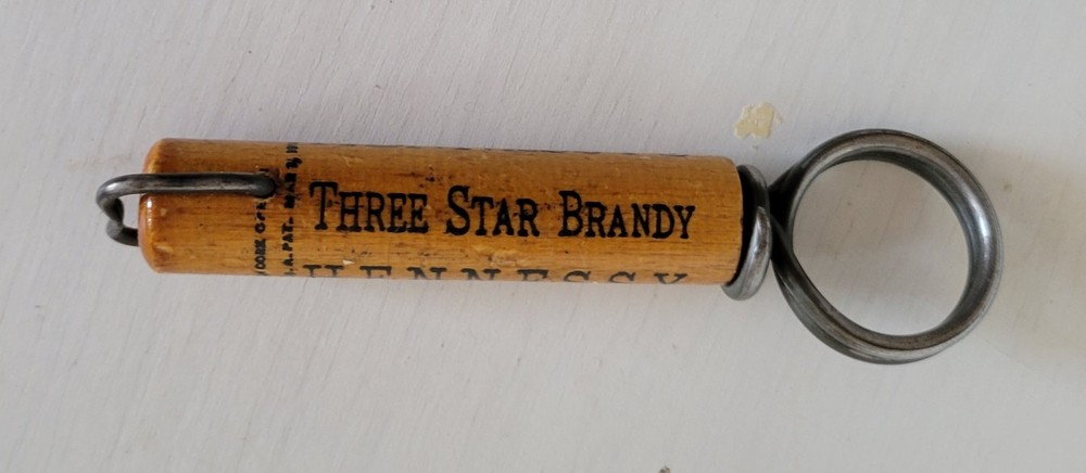 Antique HENNESSY THREE STAR BRANDY Finger Pull Corkscrew w/ Timber Coated Sheath
