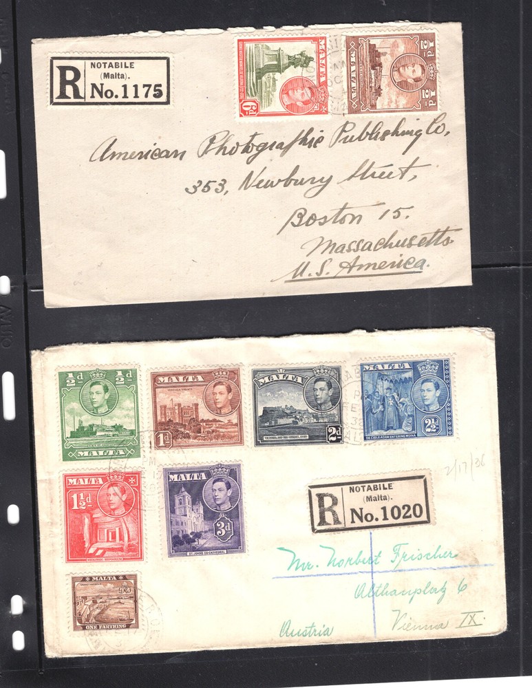 Malta   2  registered  covers  one  to  Austria