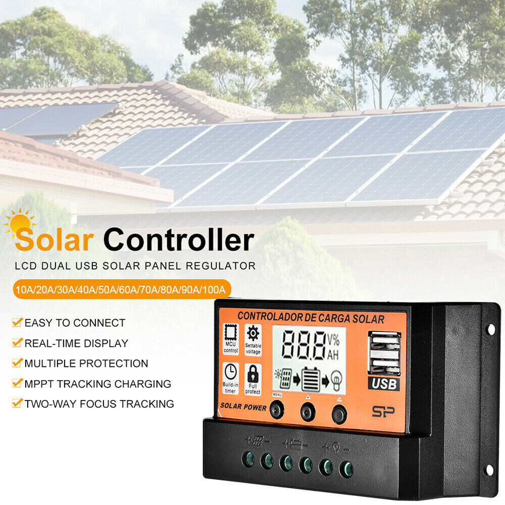 100A MPPT Solar Power Panel Regulator Charge LCD Controller 12/24V Dual USB