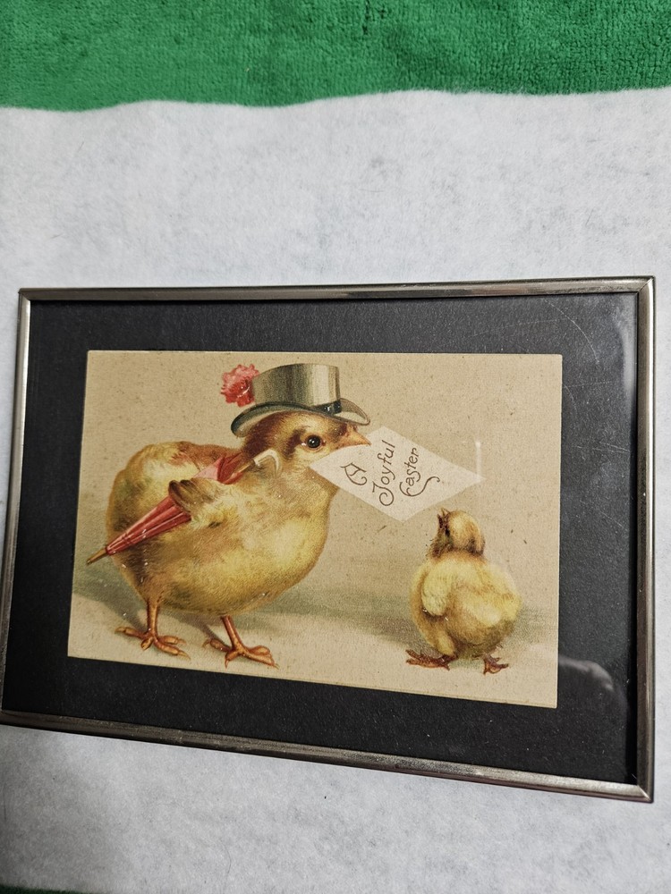 Vintage Framed Easter Postcard. " A Joyful Easter"  Chick Wearing Hat.