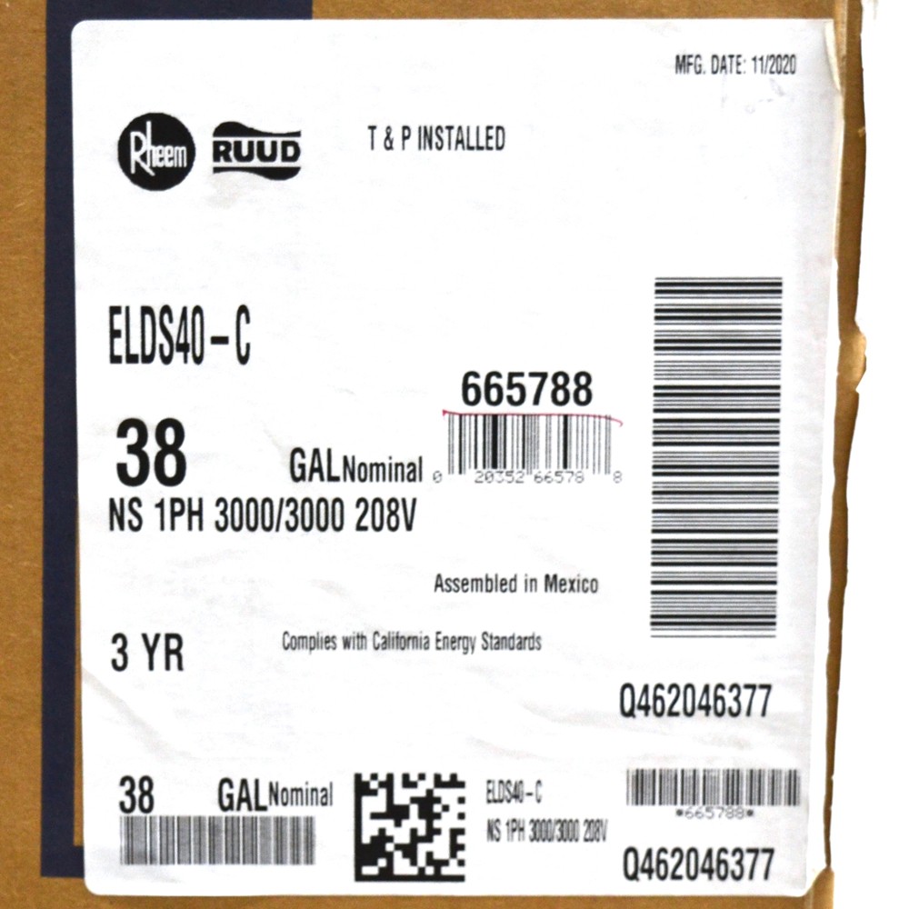 NEW Rheem / Ruud ELDS40-C 38 Gal. Electric Water Heater NS 1PH 3000/3000 208V