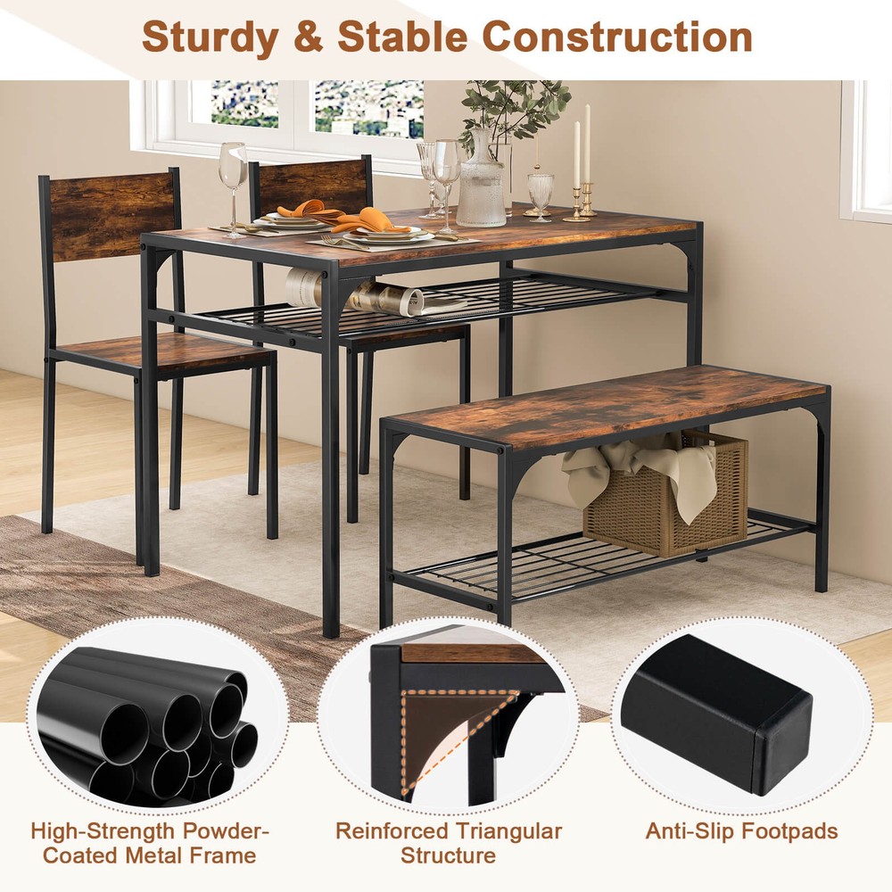 Dining Table Set for 4 Rectangular Table w/ 2 Chairs, 1 Bench, Storage Racks