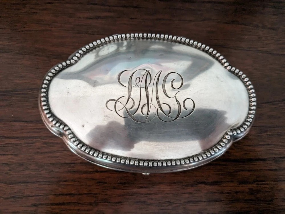 THEODORE B STARR ENGRAVED STERLING SILVER OVAL BOX CIRCA 1886